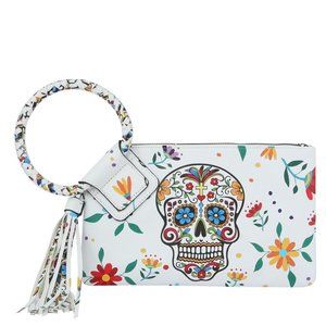 White Women Skull Cuff Graffiti Tassel Clutch Handbag
